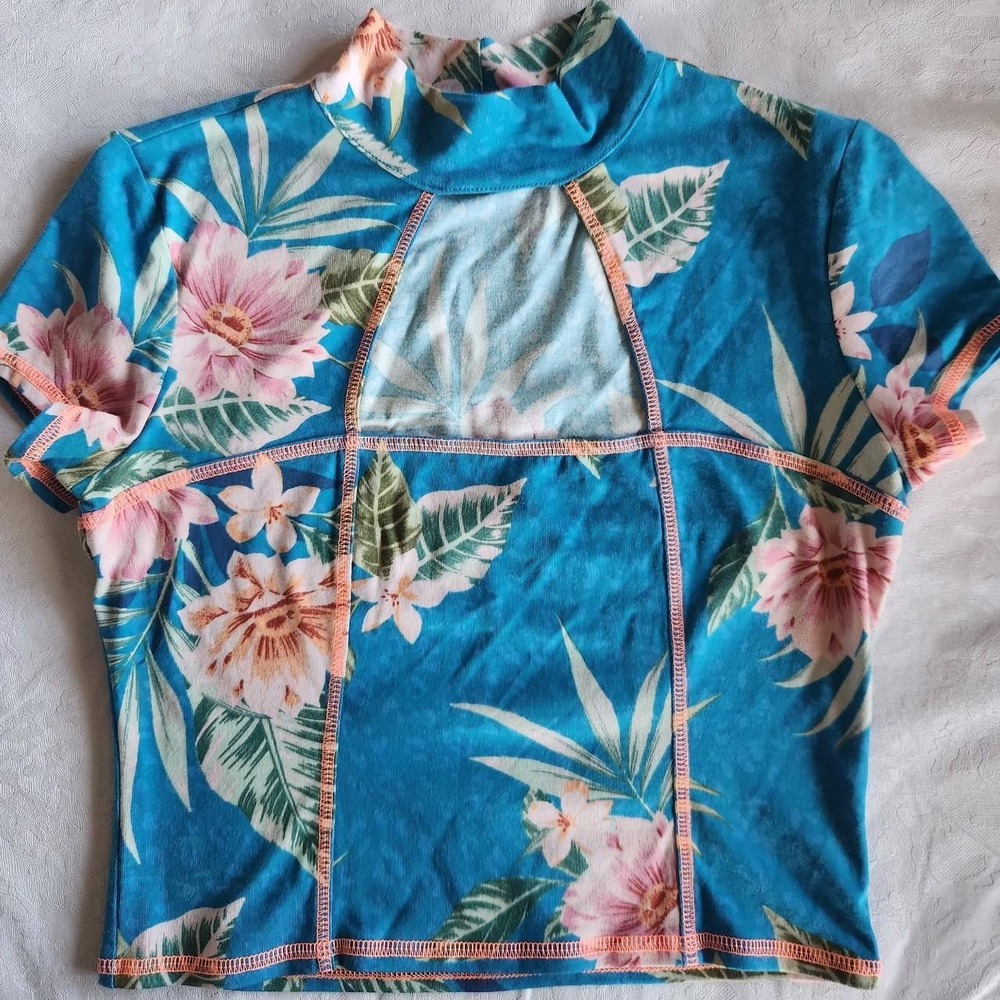 Guess Tropical Floral Keyhole Mock Neck Top Blue Pink Y2K Coconut Girl Blouse S